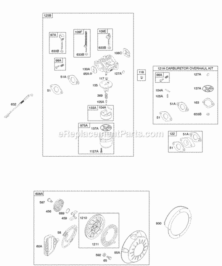 Carburetor Kit - Carburetor Overhaul Rewind Starter Diagram and Parts List for 20C414-0160-E1  Briggs and Stratton Engine
